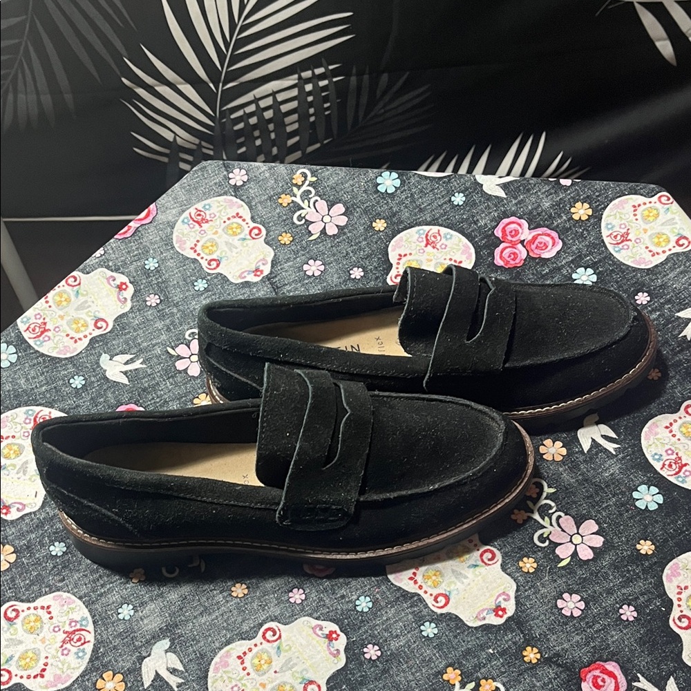 Anne Klein Women’s Black Suede Leather Loafers Penny Slip-On Flats Size 8.5M